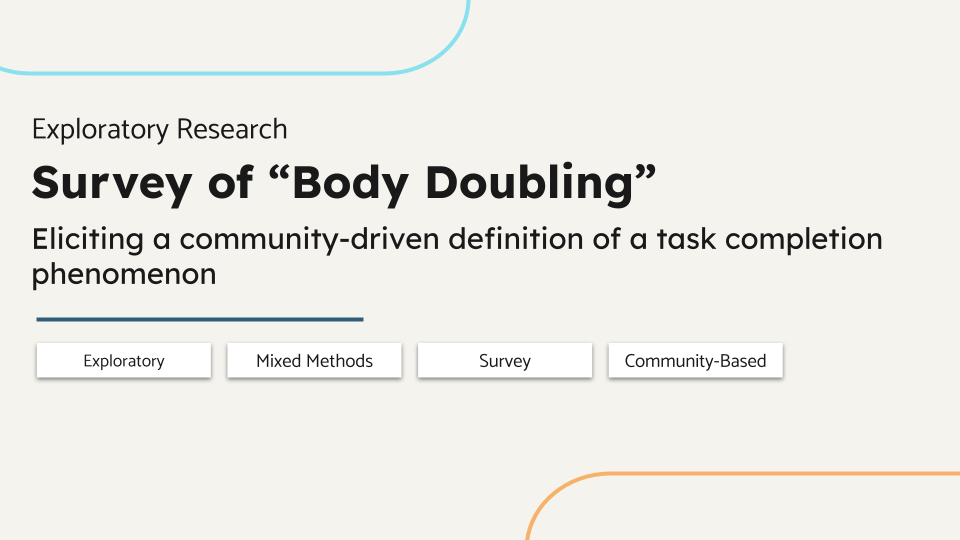 Exploratory Research. Survey of “Body Doubling”. Eliciting a community-driven definition of a task-completion phenomenon. Exploratory, Community-Based, Mixed Methods, Survey